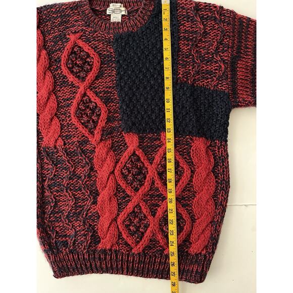 VTG SOH Chunky Sweater Men S Red Blue Cable Knit Cabincore Grandpa Handmade - Picture 6 of 8